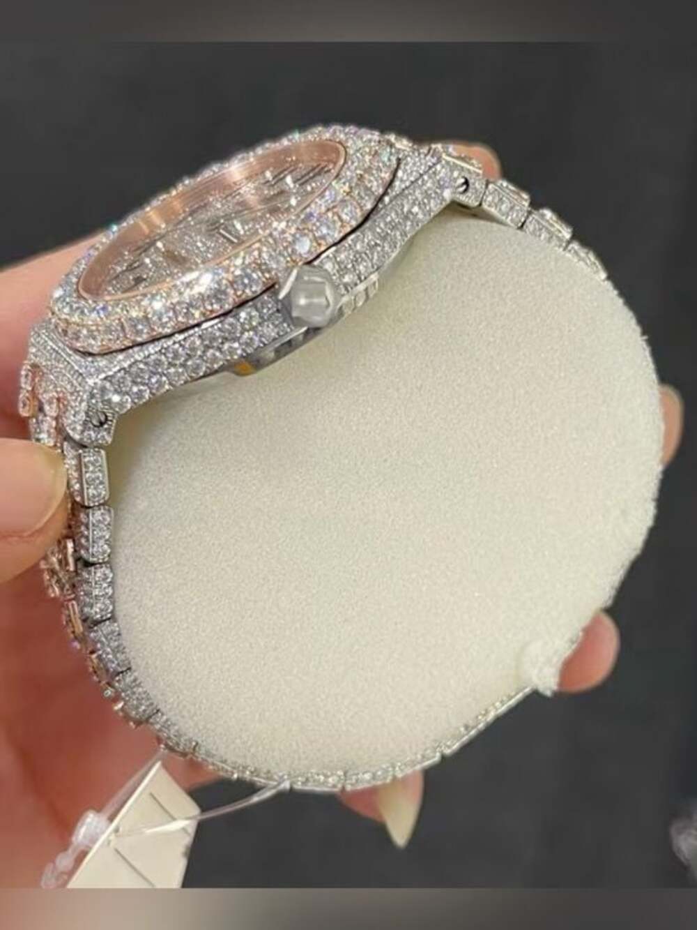 AP Iced Out Diamond Bracelet Watch Band - Silver & Rose Gold Accent